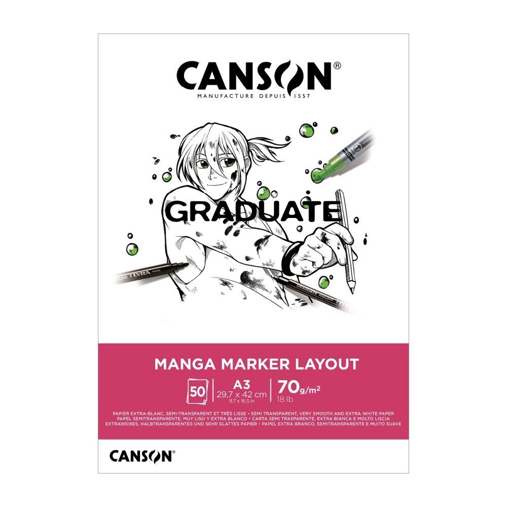 Скицник CANSON GRADUATE Manga Marker Layout, за маркери, A4, 70 г/кв.м, very smooth, 50 л.