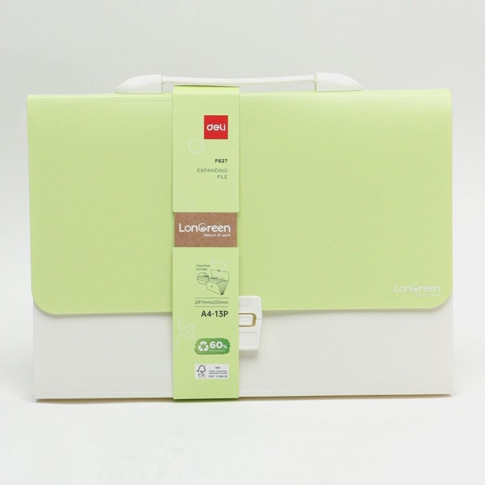 Чанта за документи Deli LonGreen, EF627, 13 отделения и индекси, PP, зелена