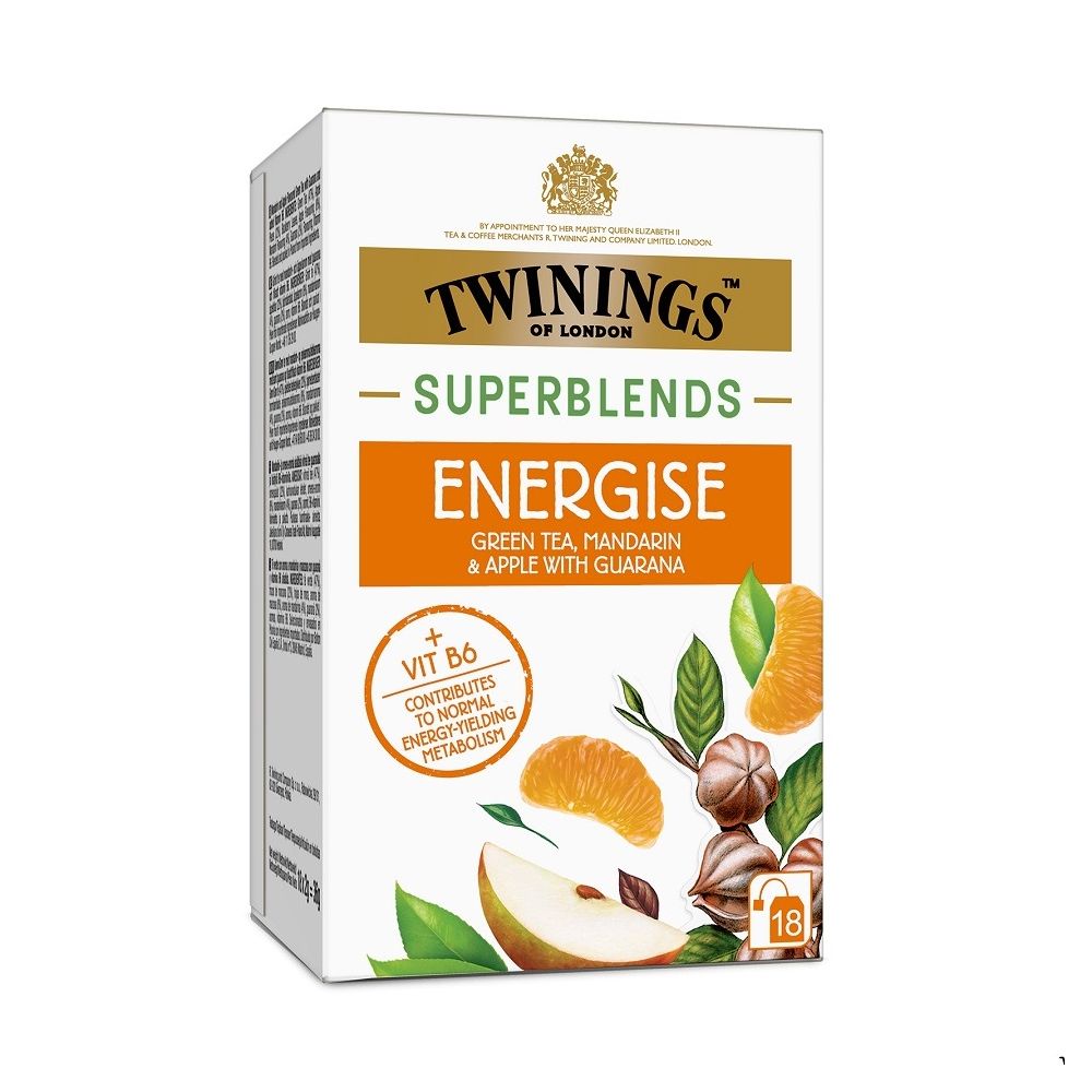 Чай Twinings Superblends ENERGISE зелен ,мандарина, ябълка, гуарана, кутия 18 бр. х 2 г