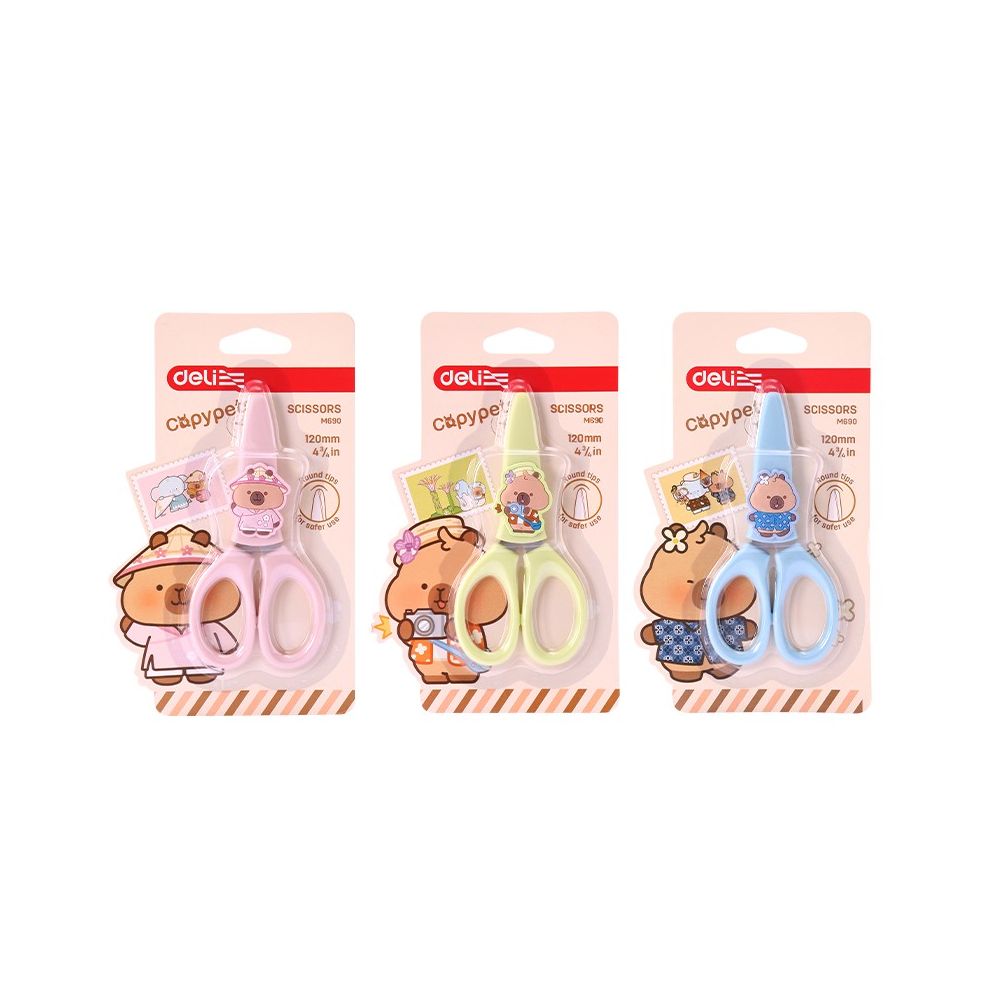 Детска ножица Deli Capypets EM690, 120 мм, цветни дъжки и предпазна капачка