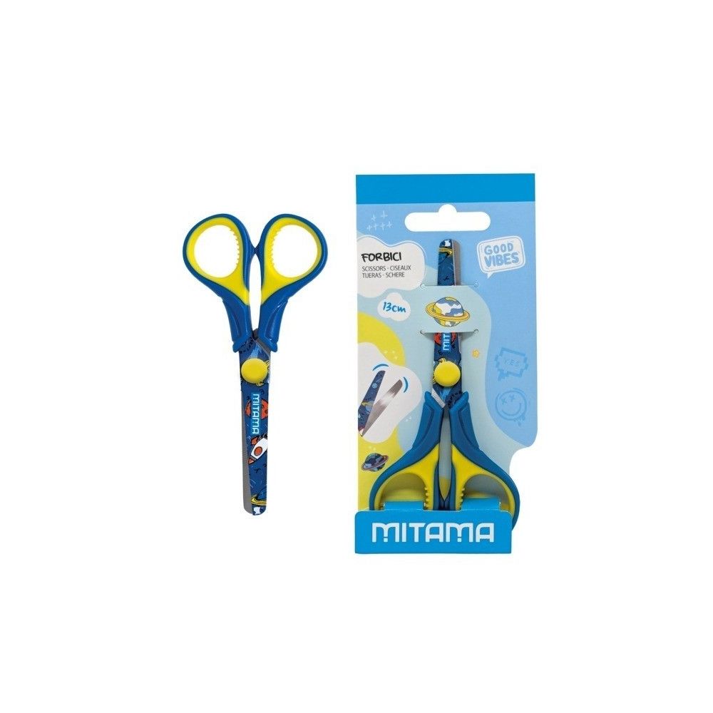 Детска ножица MITAMA Junior, 130 мм, цветни гумирани дръжки, за момче, блистер