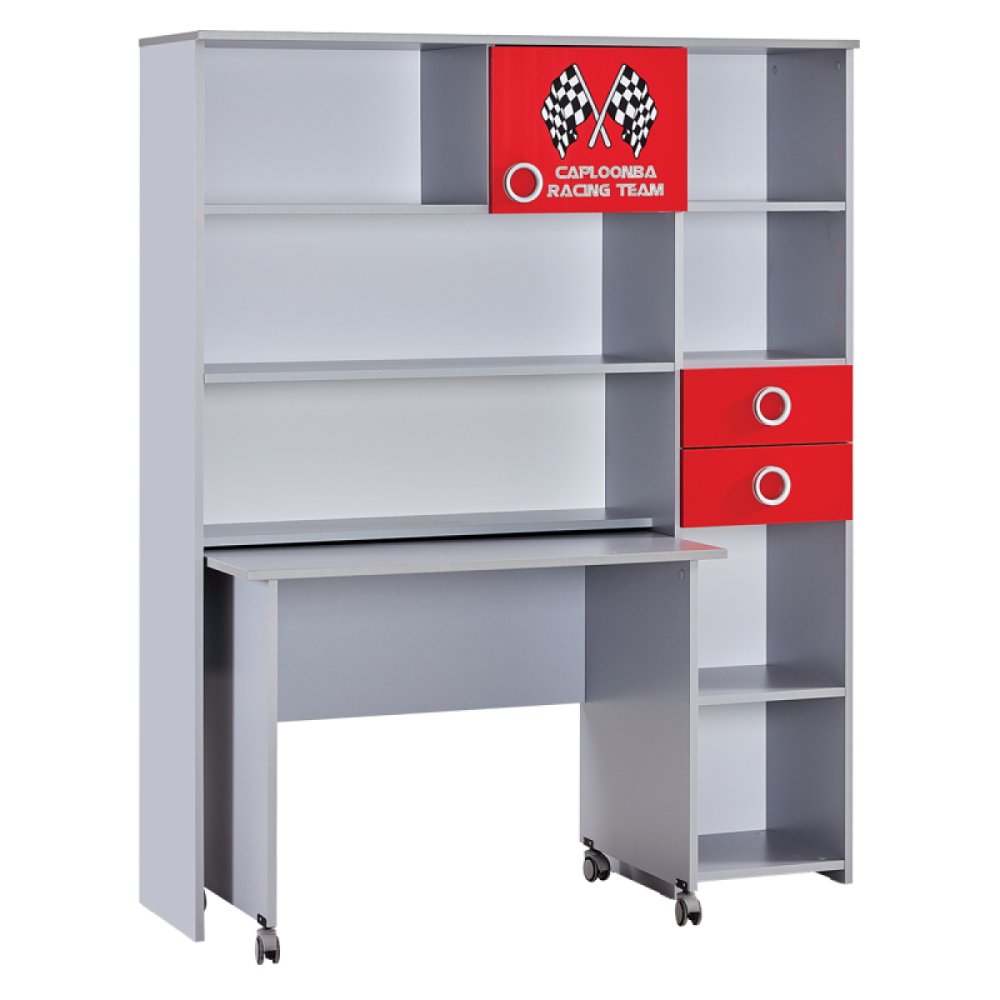 Детско бюро с етажерка Turbo Cap 2, 1400х620х1730 мм, ПДЧ 18мм, сиво и червено