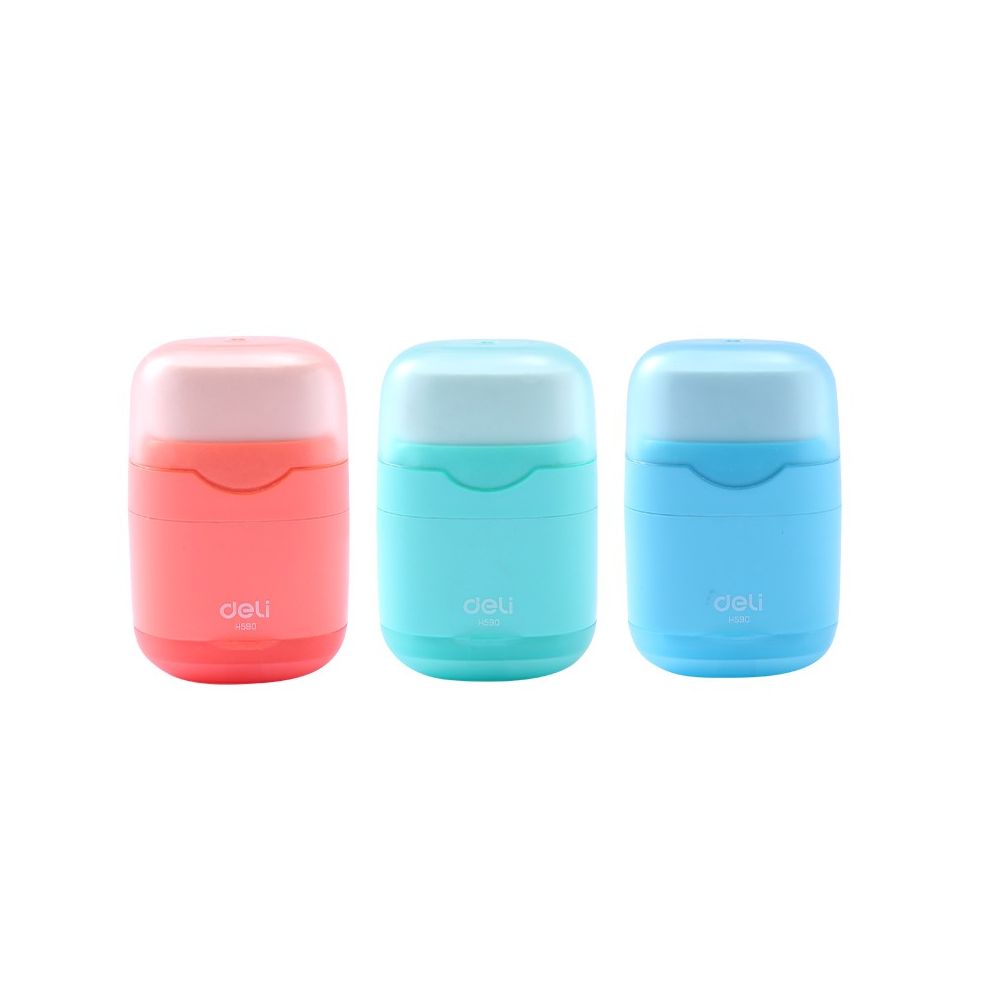 Двойна острилка с контейнер и гума Deli EH590, ф 8/11 мм, цветна