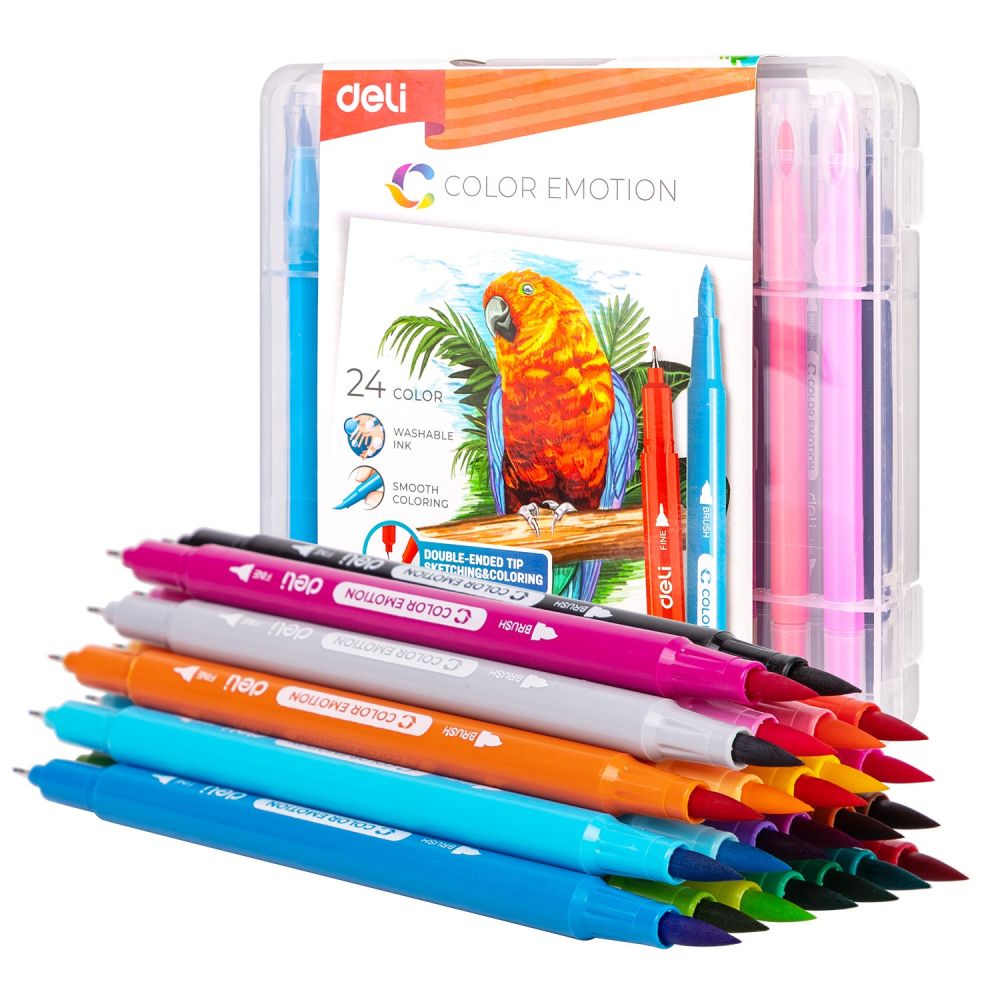 Двувърхи флумастери Deli Color Emotion EC151-24, четка и тънкописец, 24 цвята