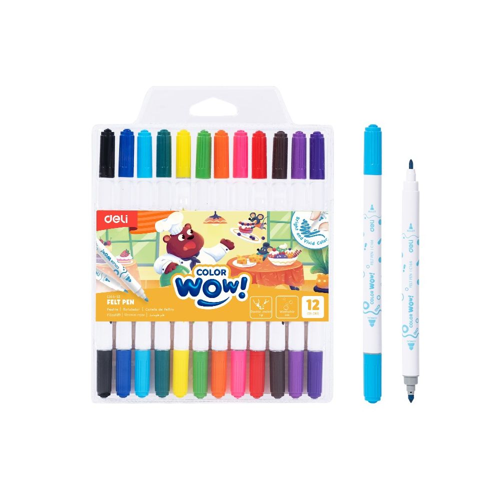 Двувърхи флумастери Deli Color wow! EC166-12, връх 1/1.2 мм, 12 цвята, PVC опаковка