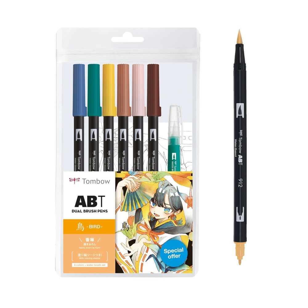 Двувърхи маркери Tombow ABT Dual Brush MANGA BIRD, объл връх и четка, 6 цвята + четка и макет