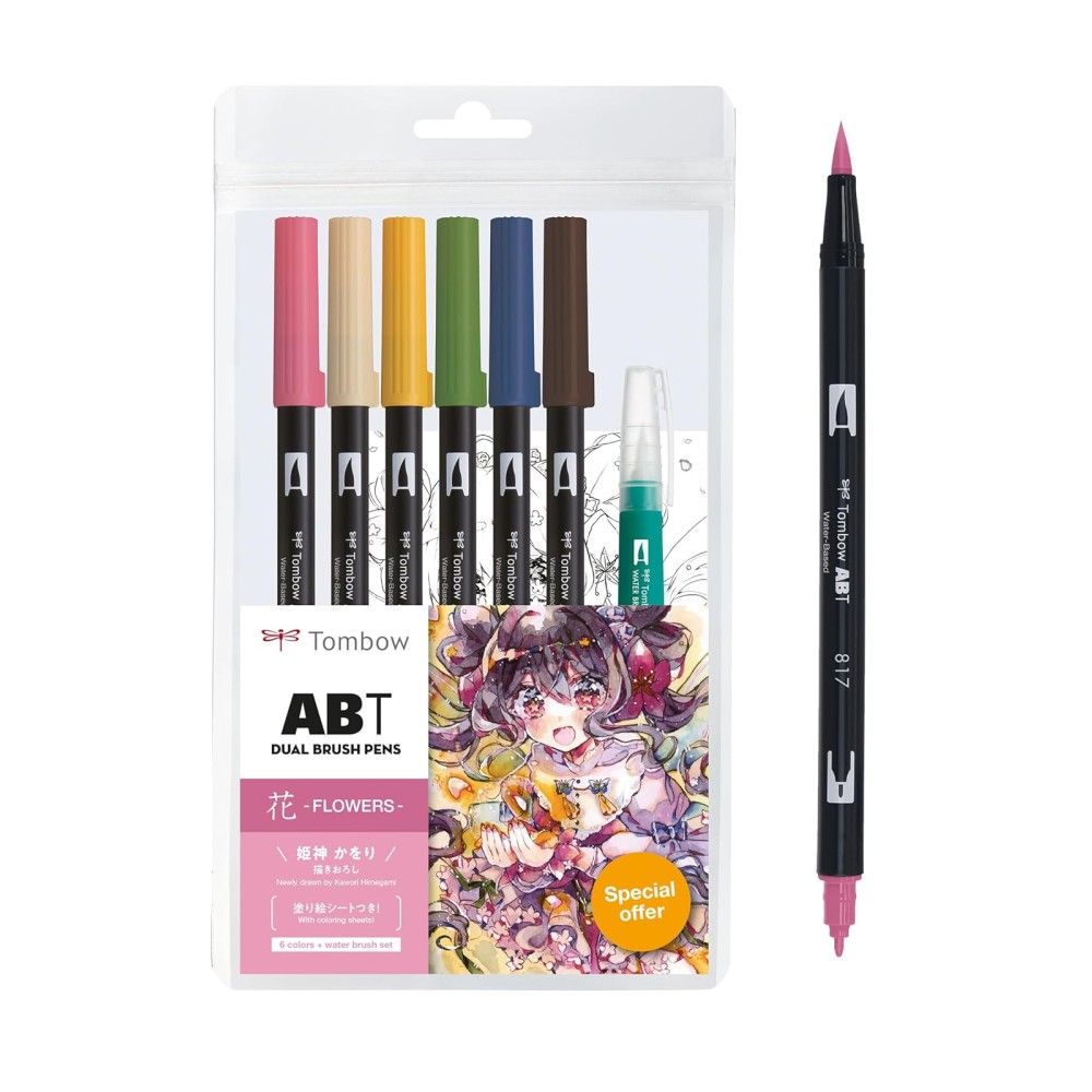 Двувърхи маркери Tombow ABT Dual Brush MANGA FLOWERS, объл връх и четка, 6 цвята + четка и макет