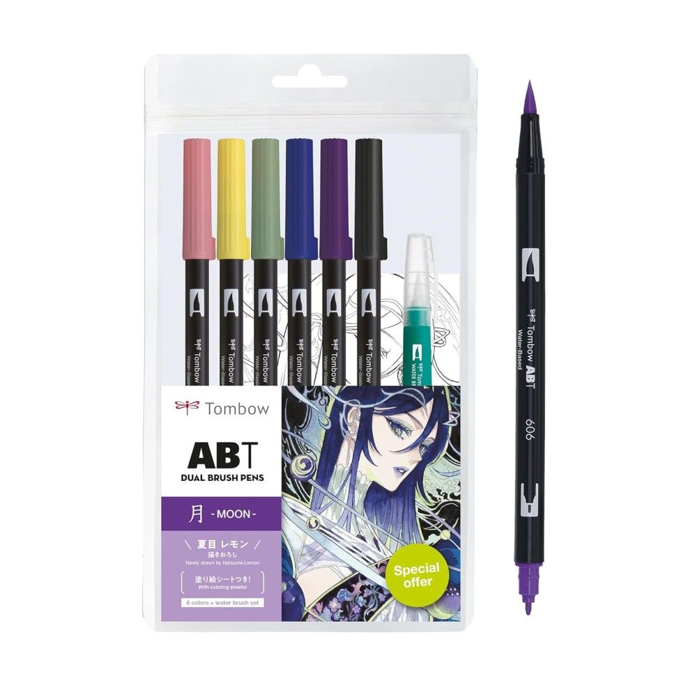 Двувърхи маркери Tombow ABT Dual Brush MANGA MOON, объл връх и четка, 6 цвята + четка и макет