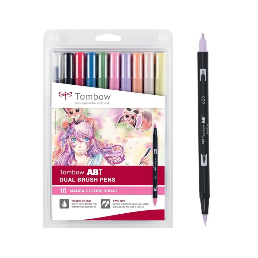 Двувърхи маркери Tombow ABT Dual Brush MANGA SHOJO, объл връх и четка, 10 цвята