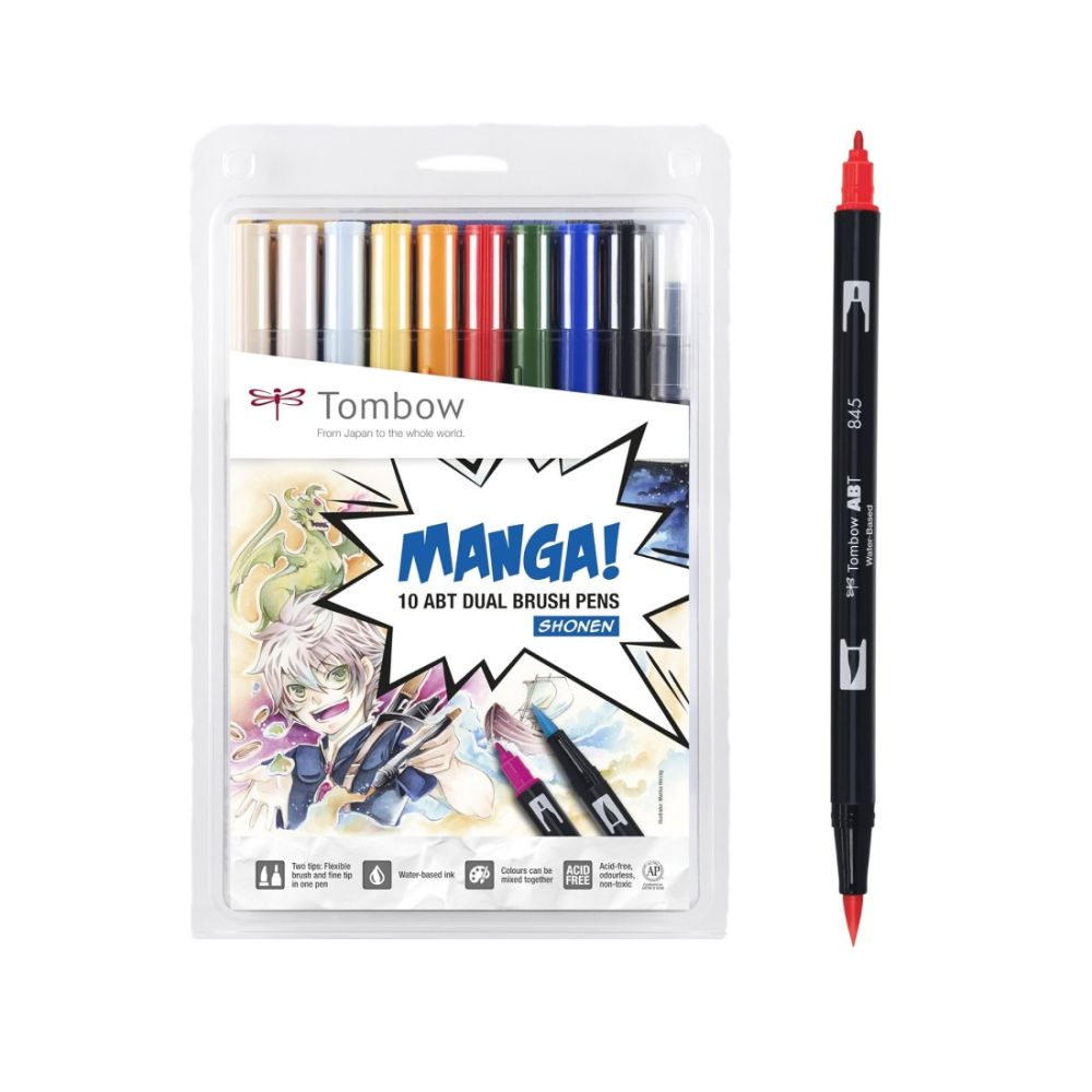 Двувърхи маркери Tombow ABT Dual Brush MANGA SHONEN, объл връх и четка, 10 цвята