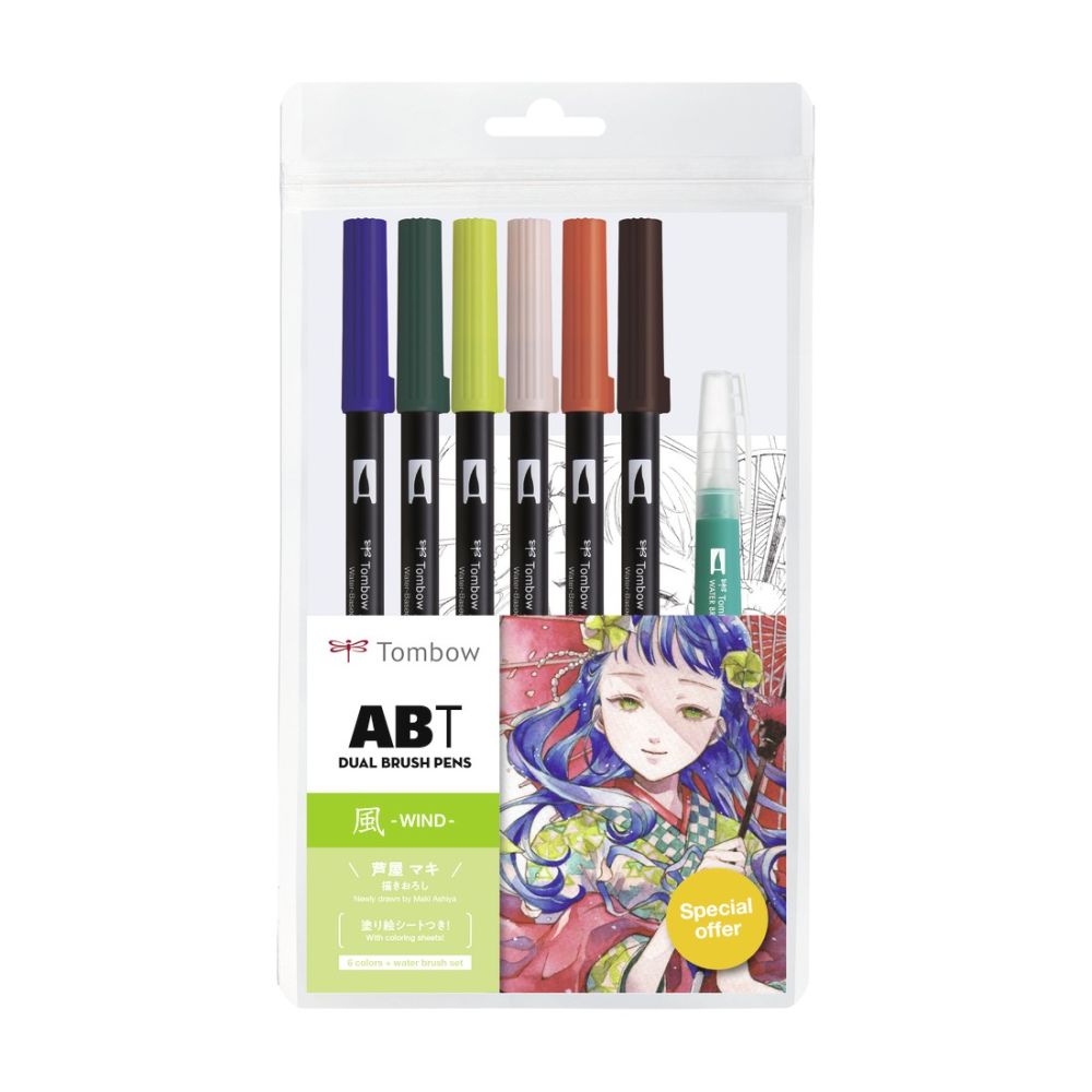 Двувърхи маркери Tombow ABT Dual Brush MANGA WIND, объл връх и четка, 6 цвята + четка и макет
