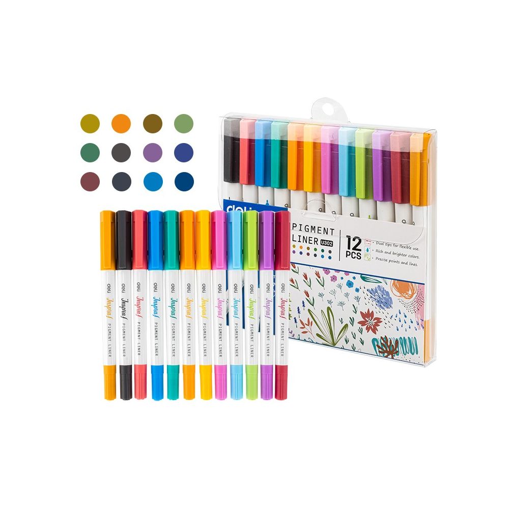 Двувърхи тънкописци Deli Inspira EU302, метален връх 0.5 мм, объл връх 1 мм, 12 цвята