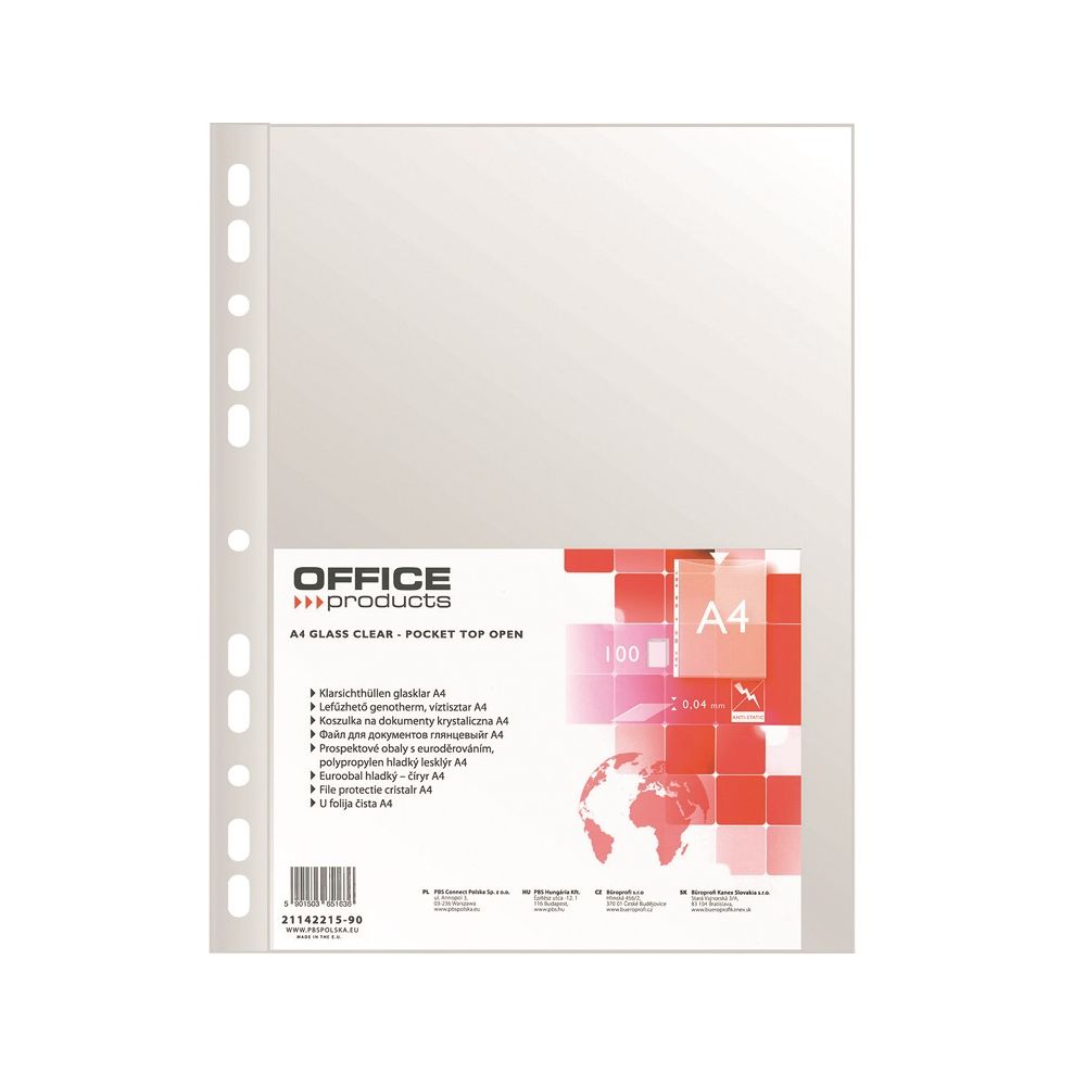 Джоб с европерфорация OFFICE PRODUCTS, A4, РР 40 mic, кристал, 100 бр.