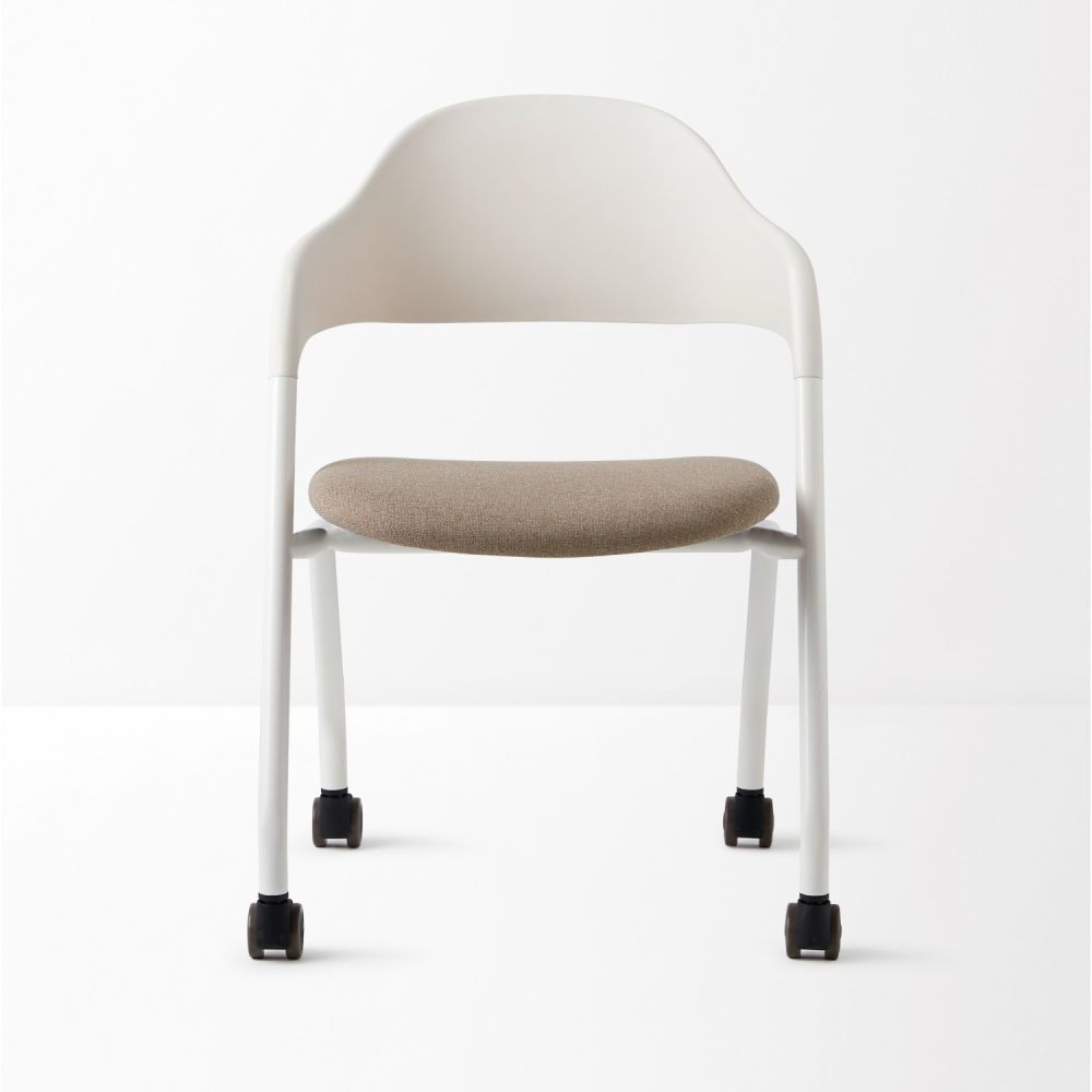 Ергономичен посетителски стол DAWON ARI, дамаска, бяла база, 4 крака с колелца, бежов