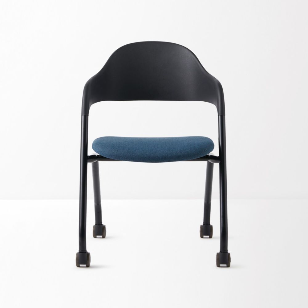 Ергономичен посетителски стол DAWON ARI, дамаска, черна база, 4 крака с колелца, син