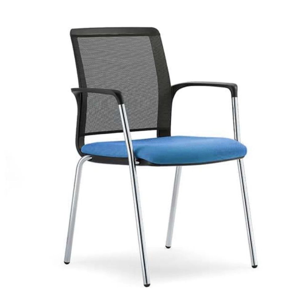 Ергономичен посетителски стол Seight 4L, дамаска и мрежа, база хром, фискирани подлакътници, син