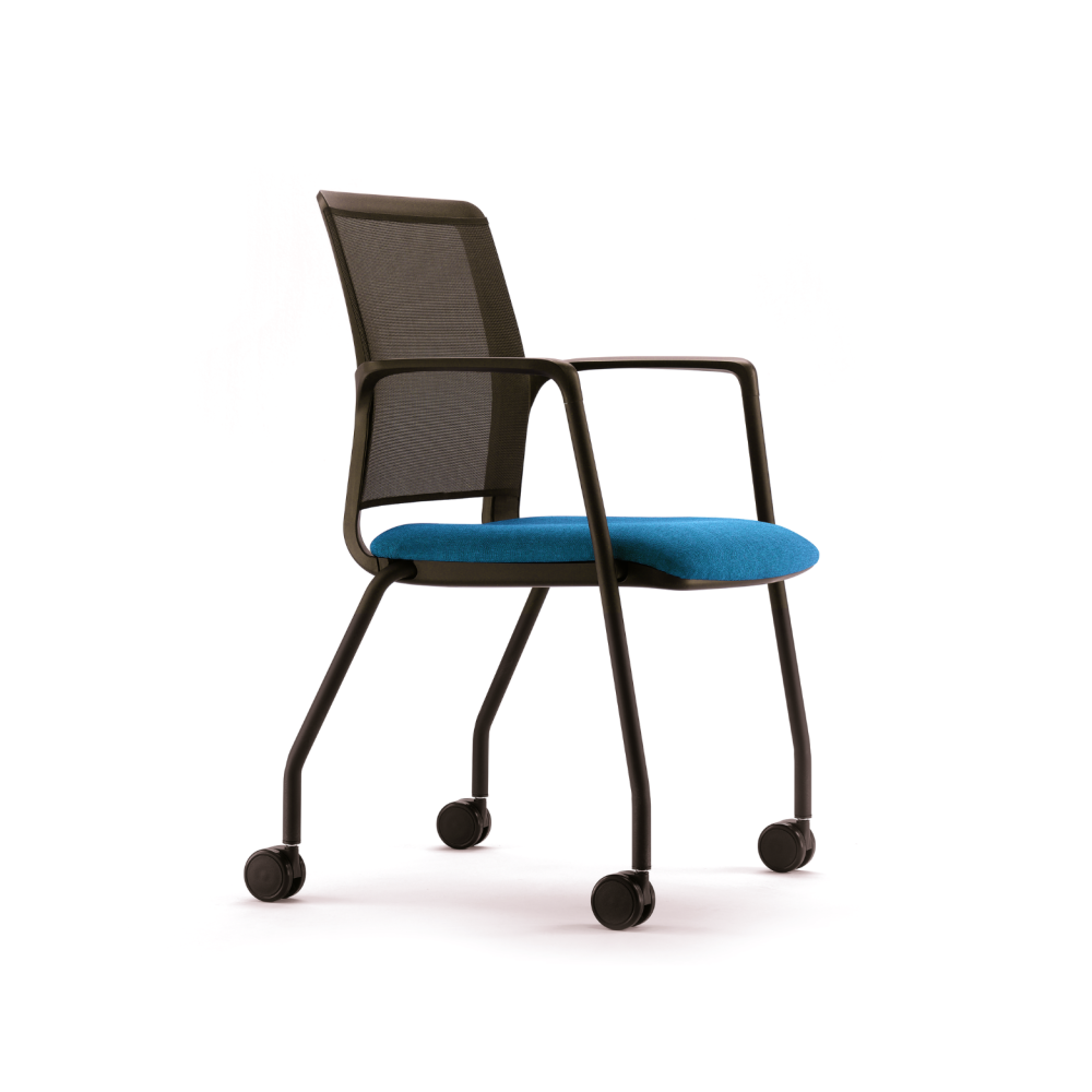 Ергономичен посетителски стол Seight Roller, дамаска и мрежа, черна PP база с колелца, син