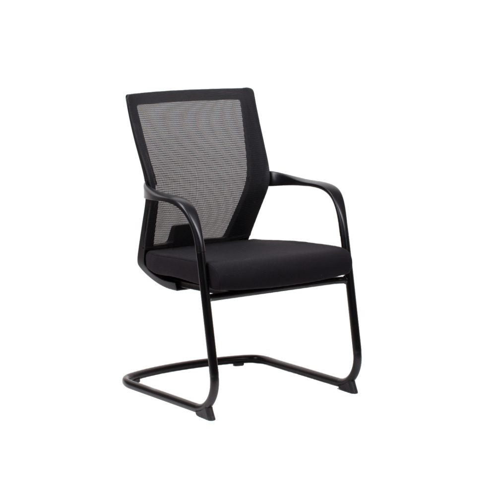 Ергономичен посетителски стол Vision, дамаска и мрежа, черна метална база, черен