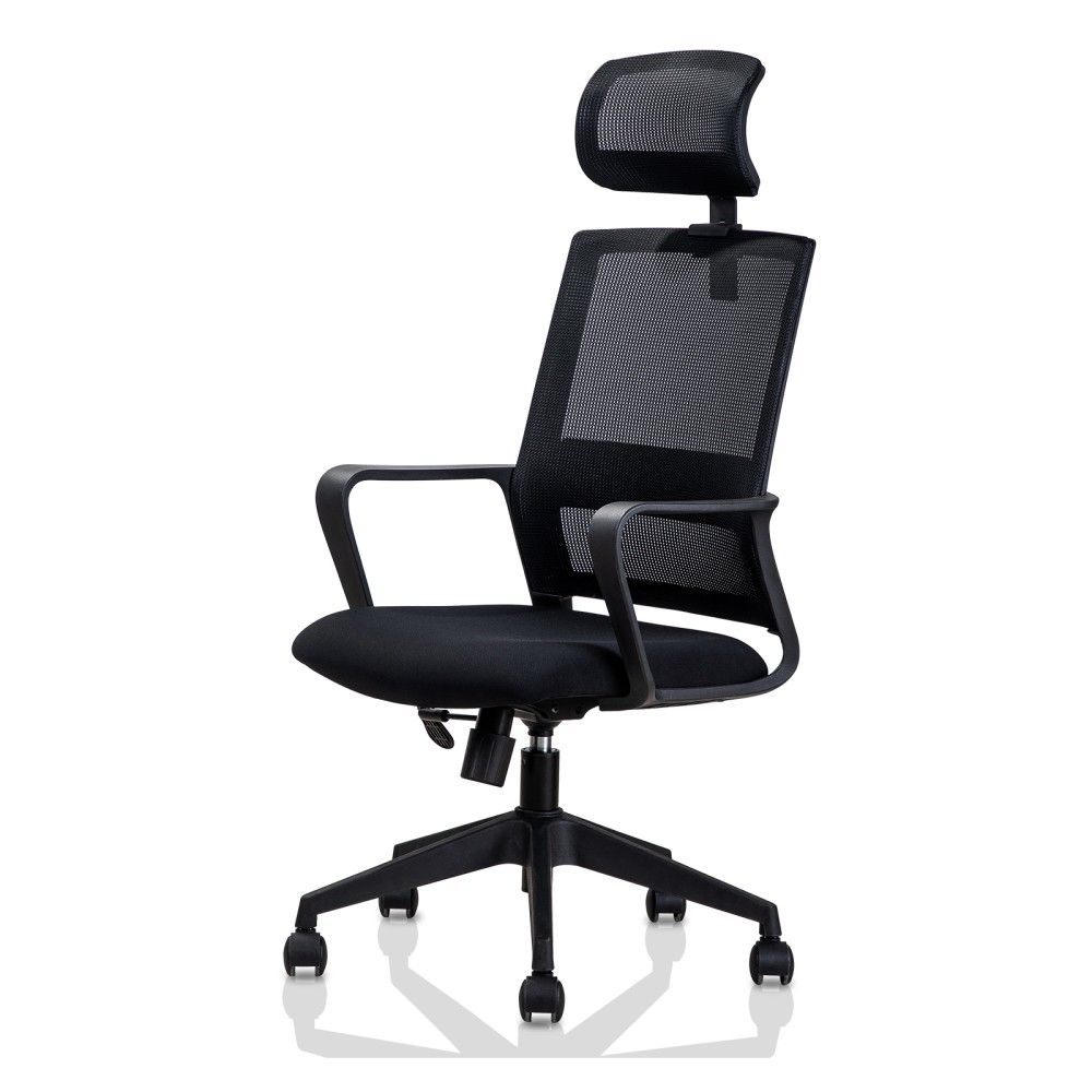 Ергономичен работен стол Deli VITTORIA,мрежа/дамаска,черна база,фикс. подлакътници,подглавник,черен