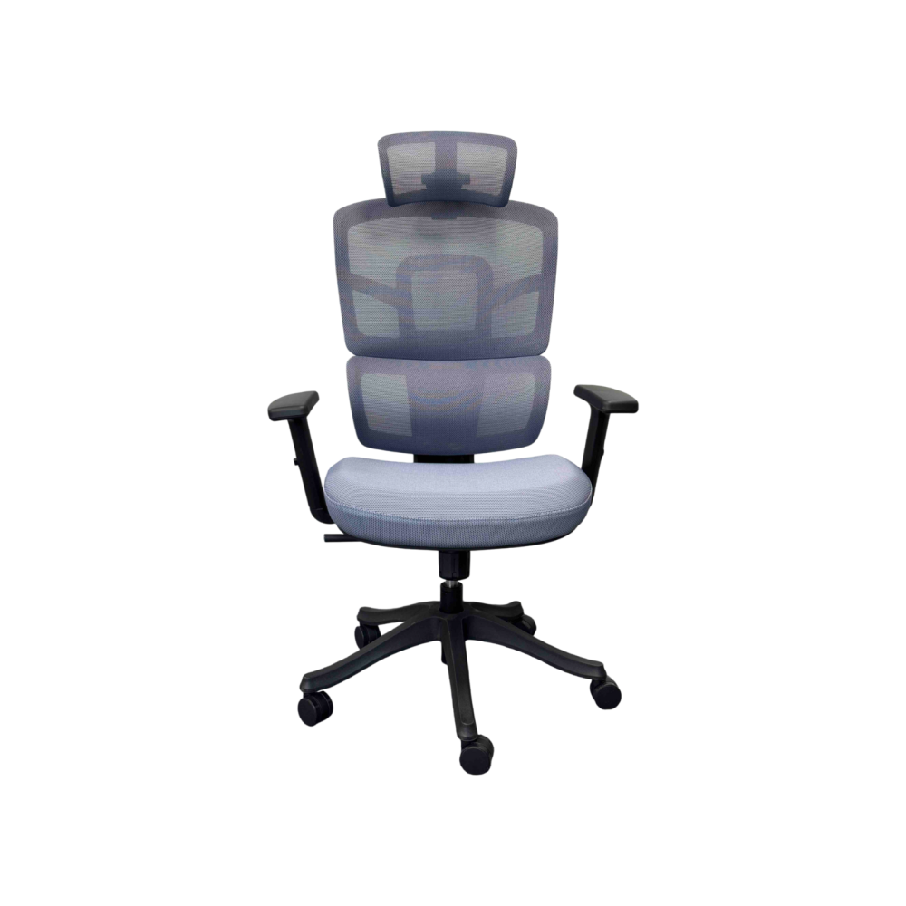 Ергономичен работен стол Ergo Black, мрежа и дамаска, черна PP база, 2D подлакътници, син