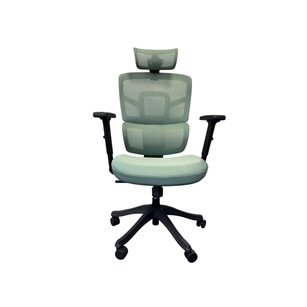 Ергономичен работен стол Ergo Black, мрежа и дамаска, черна PP база, 2D подлакътници, зелен