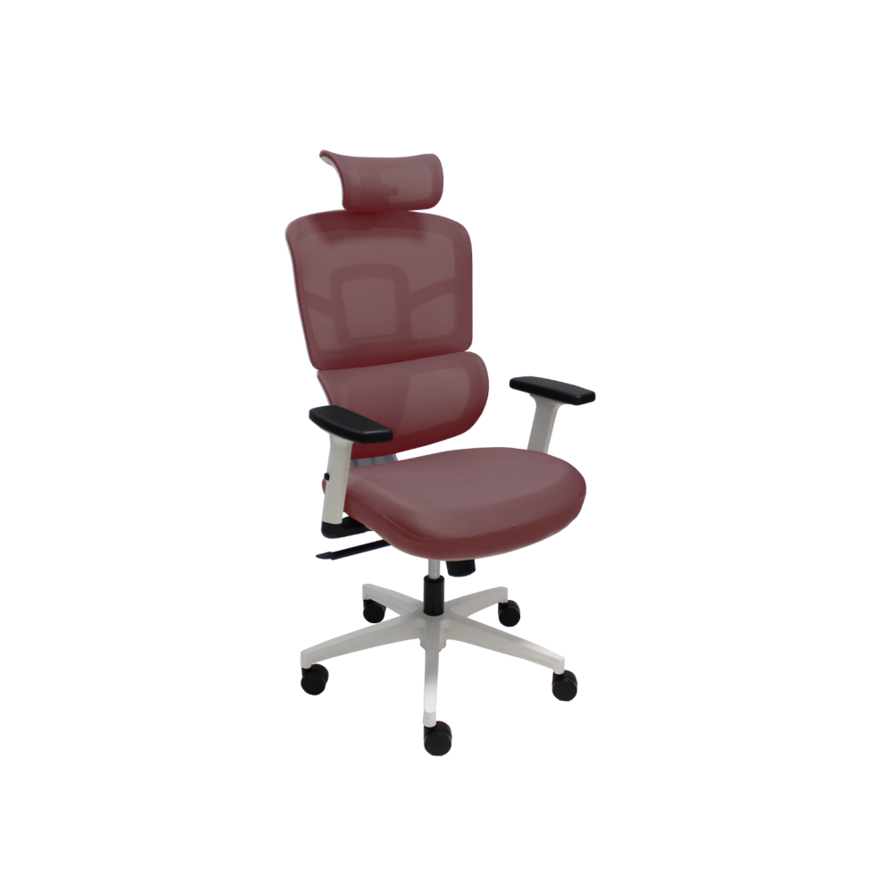 Ергономичен работен стол Ergo White, мрежа и дамаска, бяла PP база, 2D подлакътници, червен