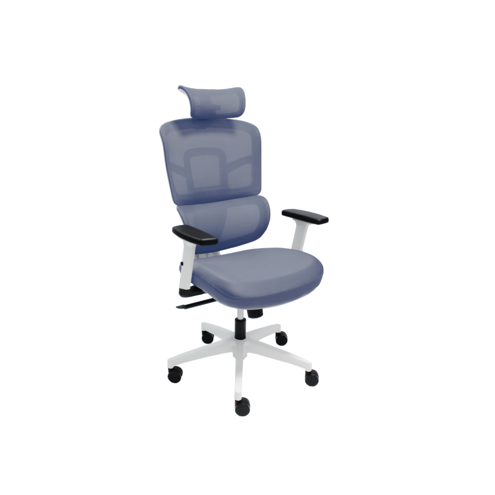 Ергономичен работен стол Ergo White, мрежа и дамаска, бяла PP база, 2D подлакътници, син