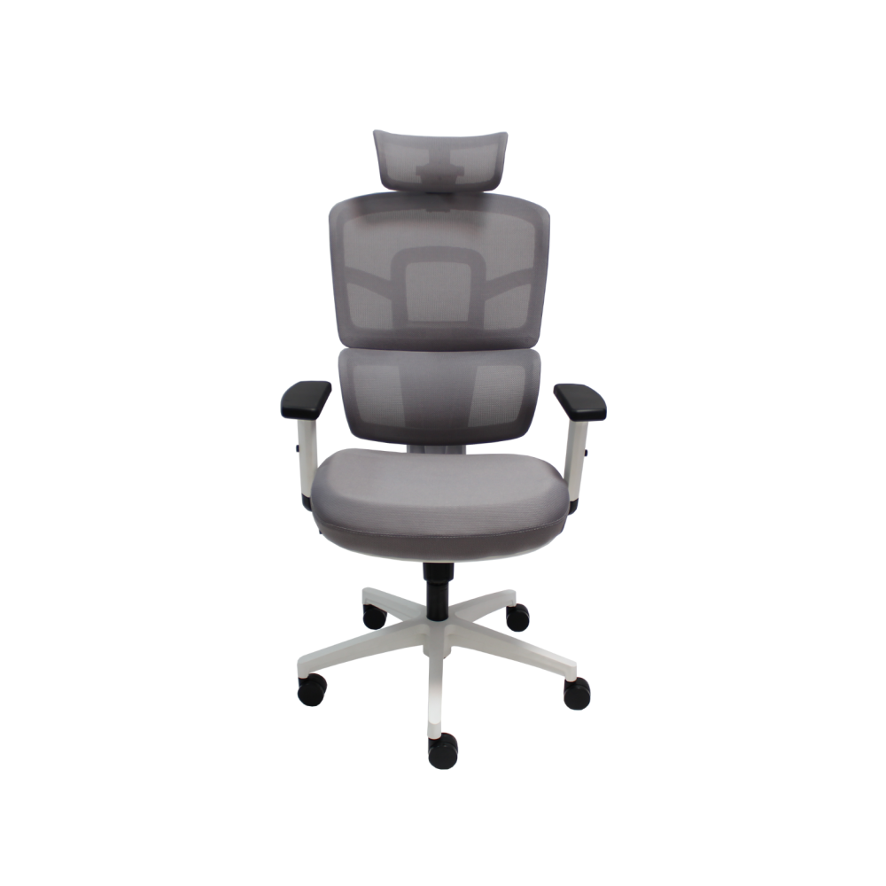 Ергономичен работен стол Ergo White, мрежа и дамаска, бяла PP база, 2D подлакътници, сив