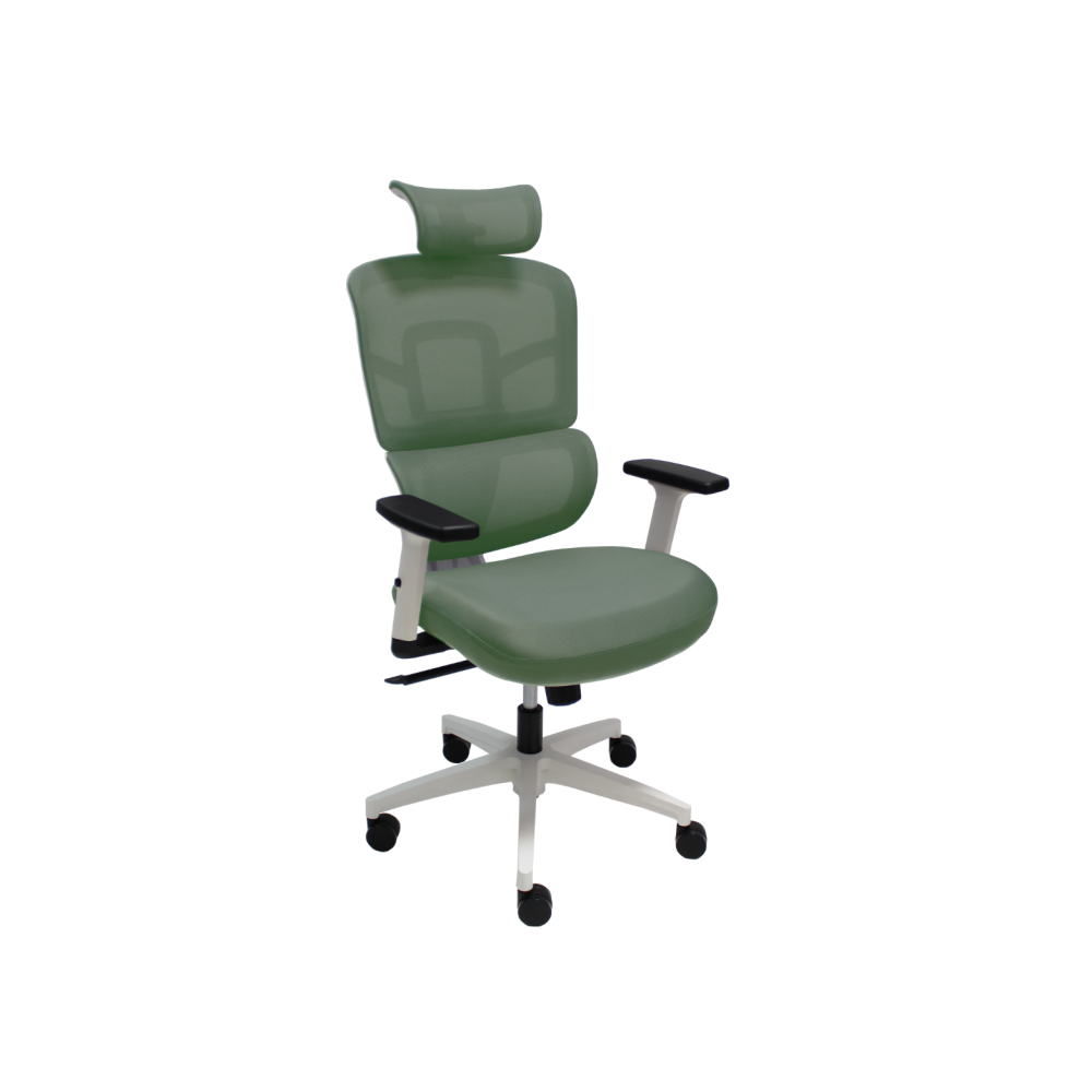 Ергономичен работен стол Ergo White, мрежа и дамаска, бяла PP база, 2D подлакътници, зелен