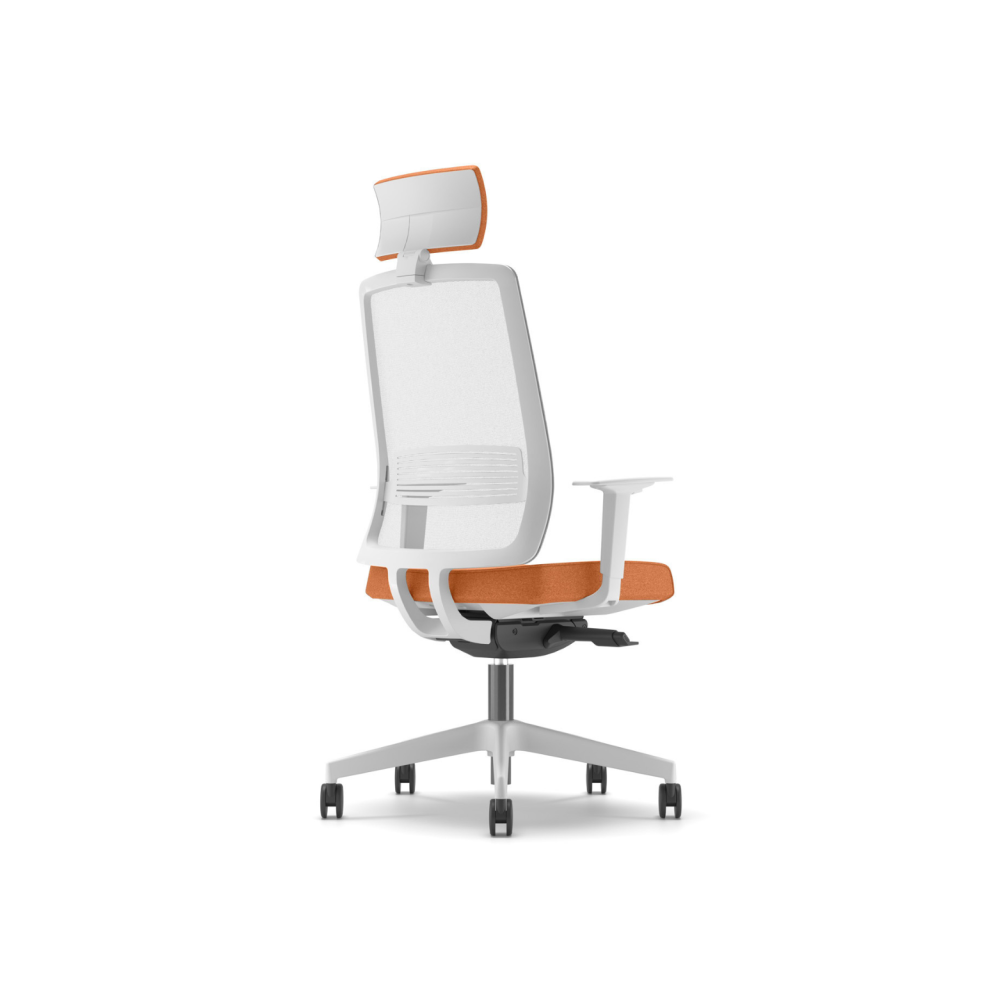 Ергономичен работен стол Lucio White HR, мрежа и дамаска, бяла PP база, рег. подлакътници, оранжев
