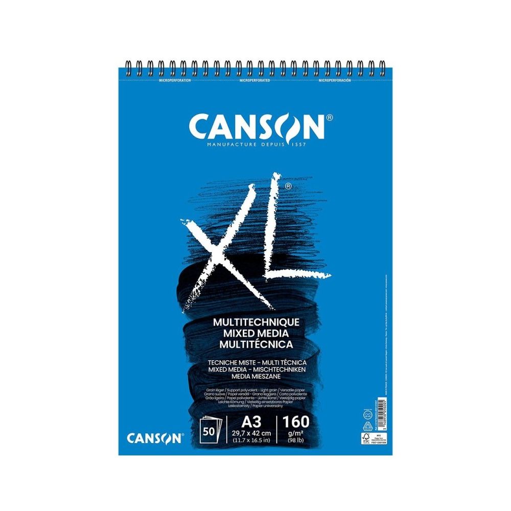 Скицник със спирала CANSON XL Mixed Media, за смесени техники, A3, 160 г/кв.м, light grain, 50 л.