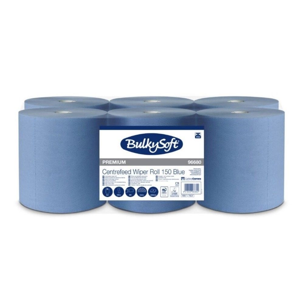 Хартиени кърпи за ръце на ролка BulkySoft 150, централно изтегляне, 2 пласта, синя, 160 м