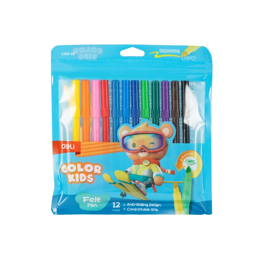 Флумастери Deli Color Kids EC161-12, връх 5 мм, 12 цвята, PVC опаковка