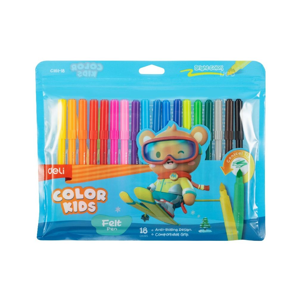 Флумастери Deli Color Kids EC161-18, връх 5 мм, 18 цвята, PVC опаковка