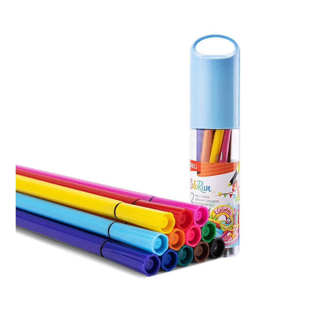 Флумастери Deli Colorun EC156-12, 12 цвята, тубус