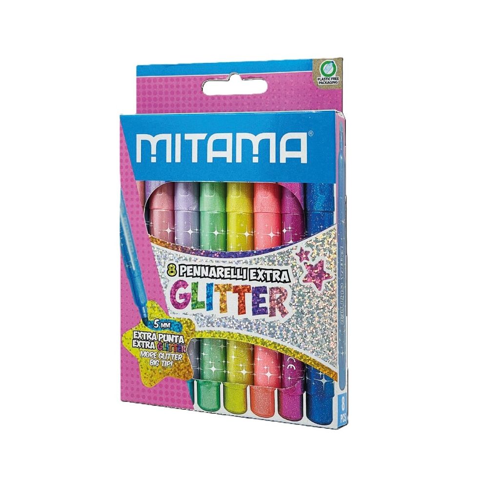 Флумастери с брокат MITAMA Jumbo Extra Glitter, връх 5 мм, 4 пастелни и 4 интензивни цвята