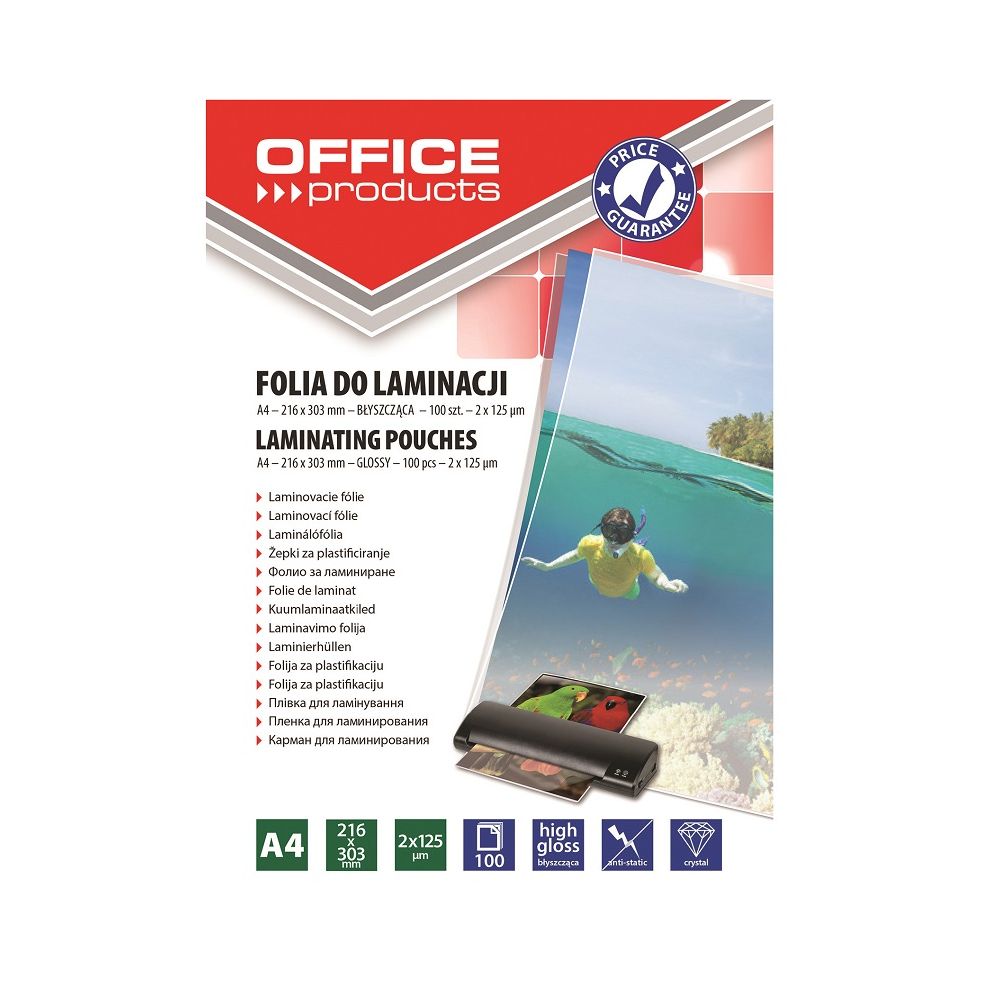 Фолио за ламиниране OFFICE PRODUCTS А4, 216x303 мм, 2х125 mic, кутия 100 л.