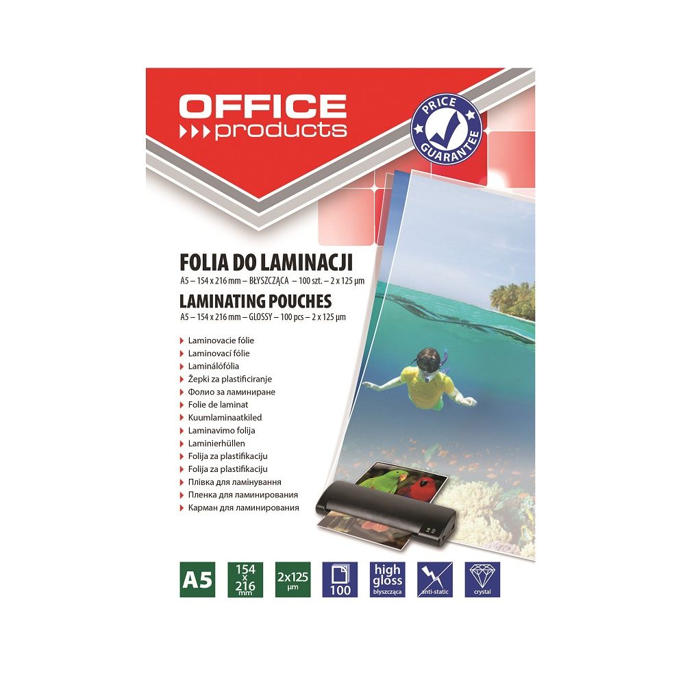 Фолио за ламиниране OFFICE PRODUCTS А5, 154x216 мм, 2х125 mic, кутия 100 л.