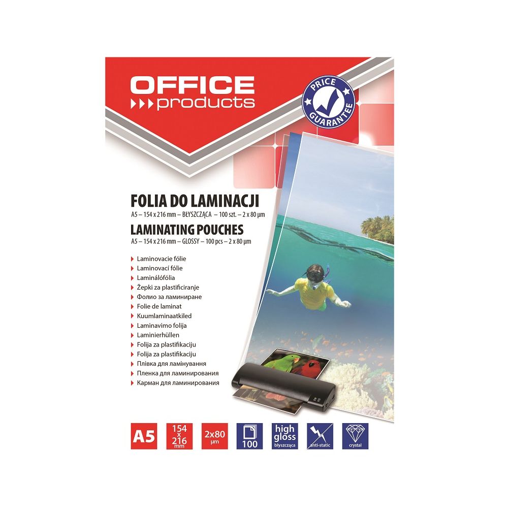 Фолио за ламиниране OFFICE PRODUCTS А5, 154x216 мм, 2х80 mic, кутия 100 л.
