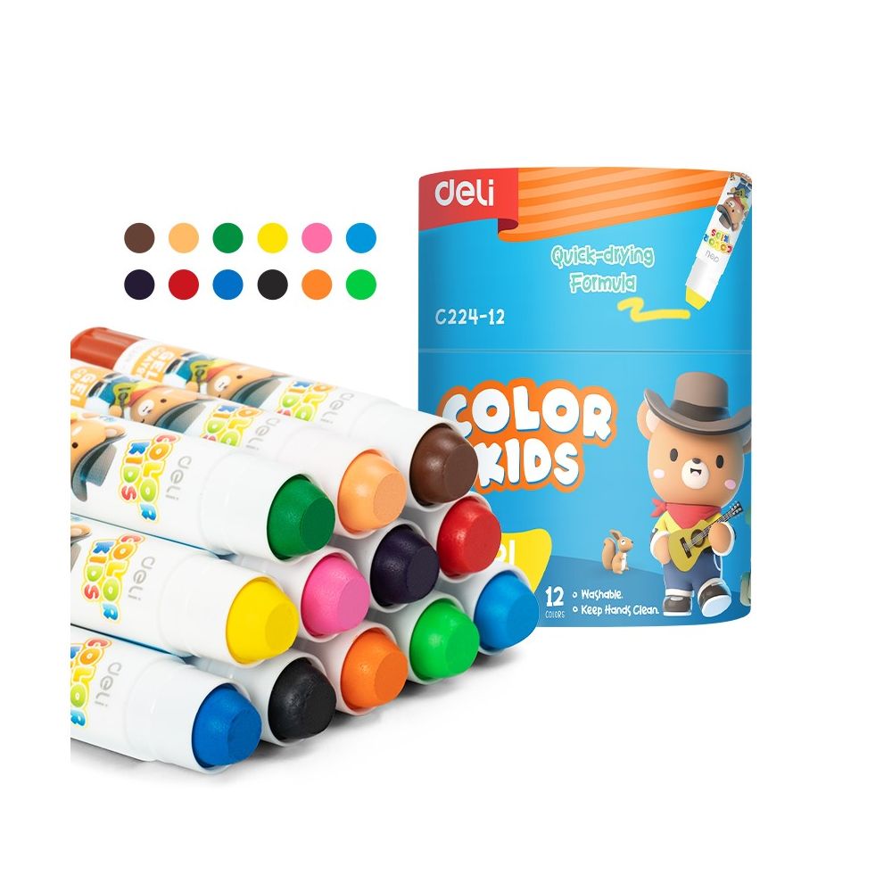 Гелови пастели Deli Color Kids EC224-12, въртящ механизъм, ф15 мм, 80 мм, 12 цвята, в картонен тубус