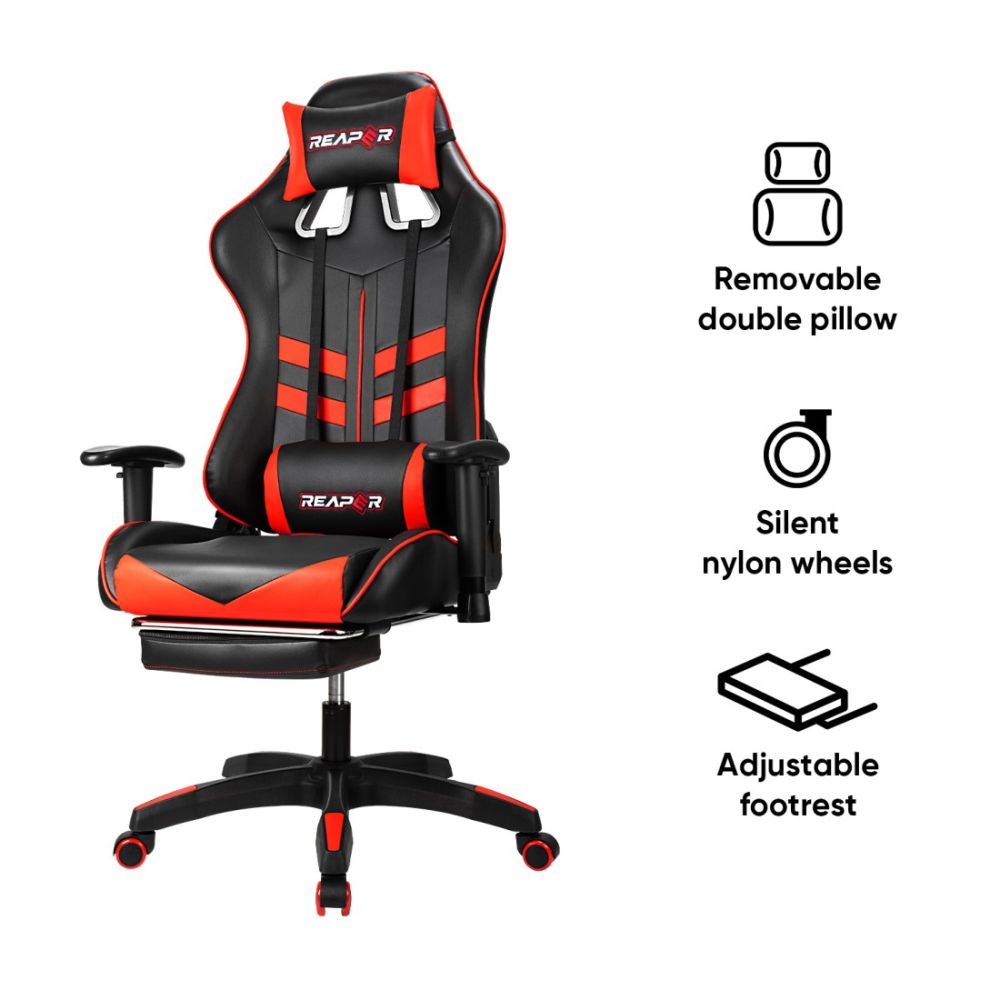 Геймърски стол Deli REAPER, еко кожа, подложка за крака, 2D подлакътници, черен/червен