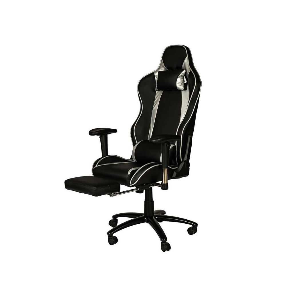 Геймърски стол PLAY RT, еко кожа, PP база, подложка за крака, регулируеми подлакътници, черен/сив