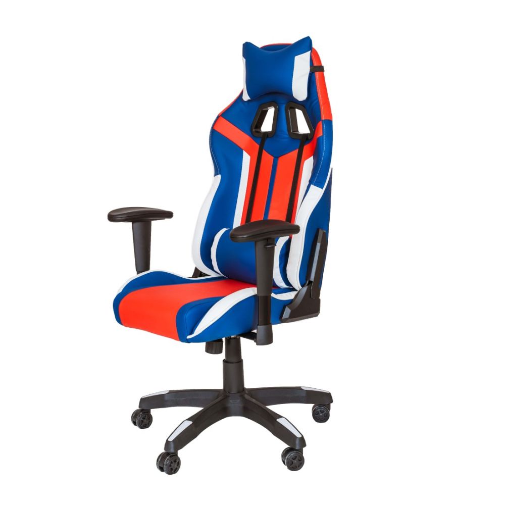 Геймърски стол PLAY USA, еко кожа, PP база, регулируеми подлакътници, син/червен