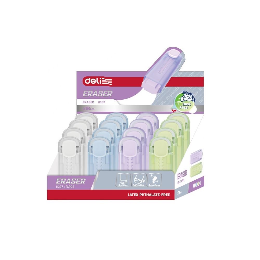 Гума за молив Deli EH337, пластмасов държач, 59х18х11 мм, цветна