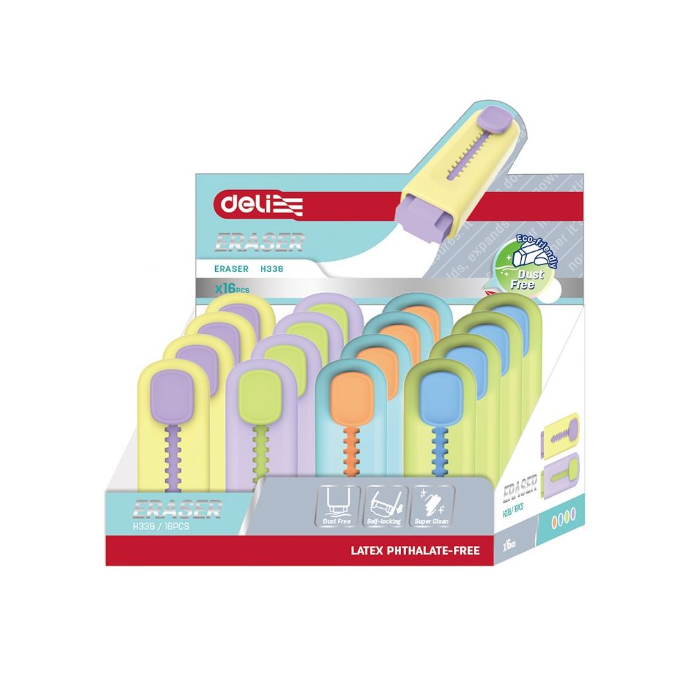 Гума за молив Deli EH338, пластмасов държач, 59х18х11 мм, цветна