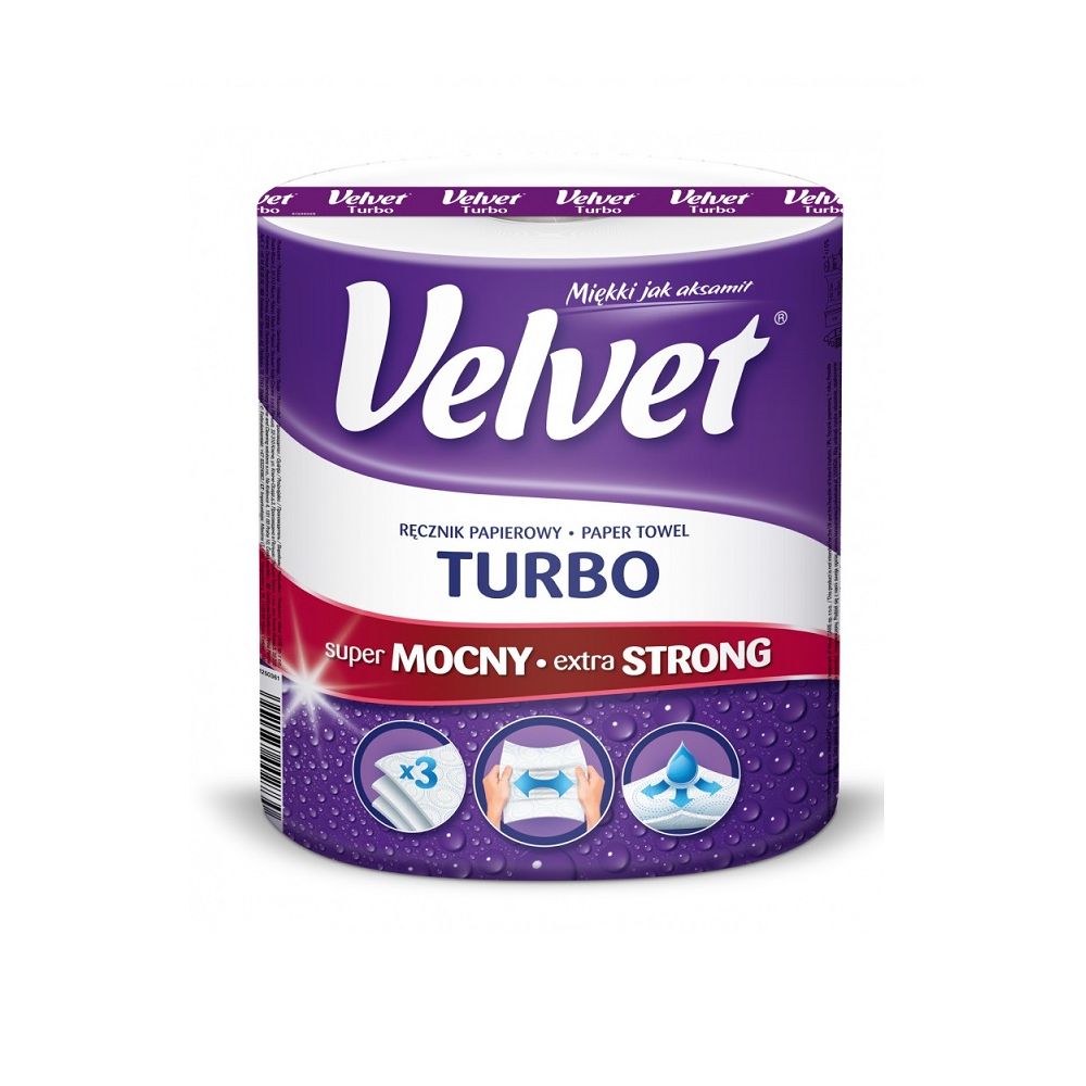 Хартиена кухненска ролка Velvet Turbo, 3 пласта, бяла, 340 къса