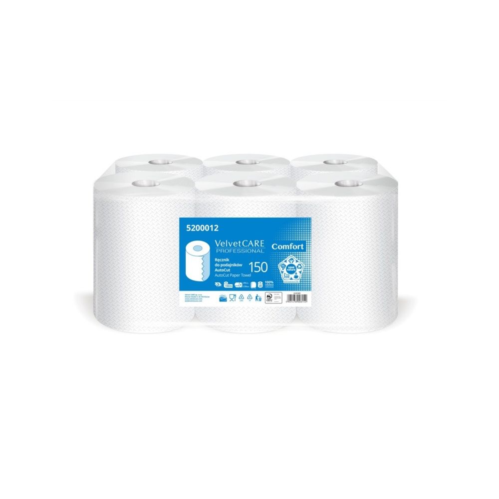 Хартиени кърпи за ръце на ролка Velvet Autocut , 2 пласта, бели, опаковка 6 ролки x 150 м