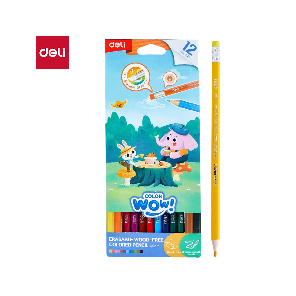 Изтриваеми цветни моливи Deli Color wow! EC102-12, с гума, шестоъгълно тяло, 12 цвята