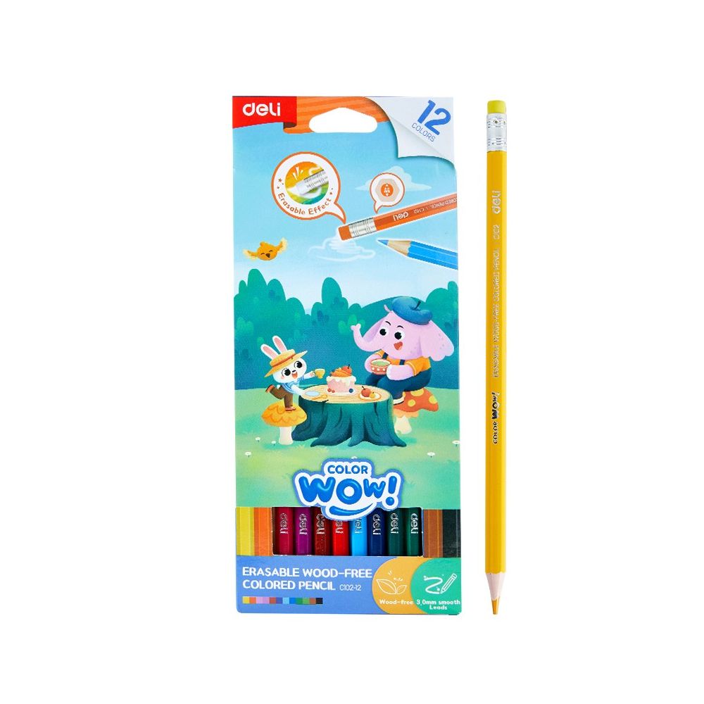 Изтриваеми цветни моливи Deli Color wow! EC102-12, с гума, шестоъгълно тяло, 12 цвята Изтриваеми цветни моливи Deli Color wow! EC102-12, с гума, шестоъгълно тяло, 12 цвята