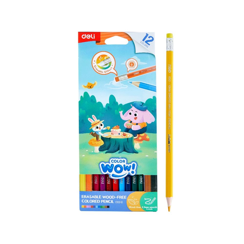 Изтриваеми цветни моливи Deli Color wow! EC102-24, с гума, шестоъгълно тяло, 24 цвята